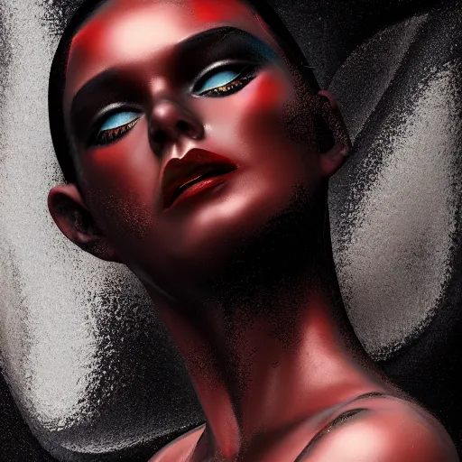 Image similar to abstract art with swirly black liquid acrylic paint and beautiful female face, beautiful color composition, warm colors, black details, 3 d sculpt, zbrush, octane render, dark mood