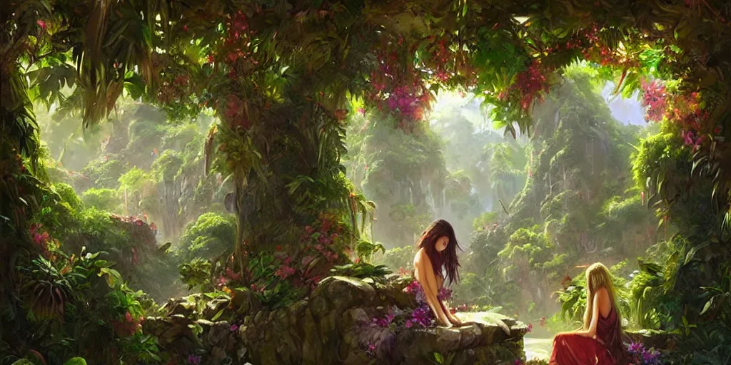 Image similar to Hidden tropical paradise, lush vines and flowers digital painting, art by greg rutkowski, artgerm