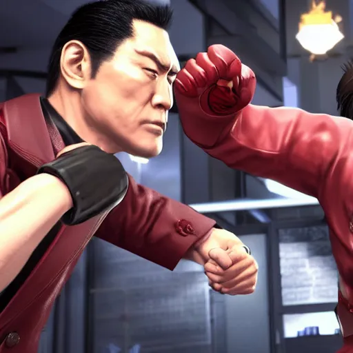 Prompt: Kazuma Kiryu from Yakuza and Senator Armstrong from Metal Gear Rising fights each other with their fists, highly detailed, photorealistic, cinematic lighting,