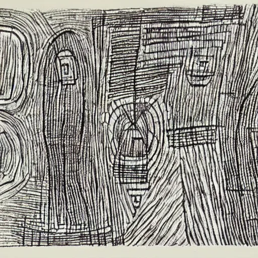 Image similar to The new gods. Line drawing. Paul Klee.