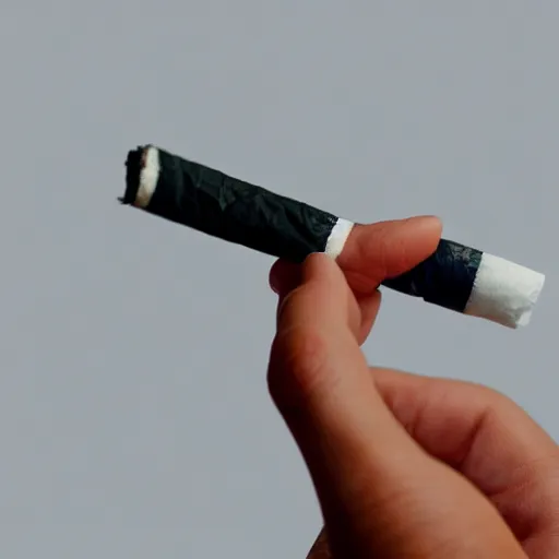 Prompt: Close-up of highly realistic hand holding cigarette with smoke, white background, 4K