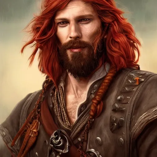 Image similar to portrait of a young pirate, 30 years old, male, ruggedly handsome, masculine, upper body, red hair, long hair, D&D, fantasy, intricate, elegant, highly detailed, cinematic lighting, digital painting, artstation, concept art, seductive, cutscene, sharp focus, illustration, art by Artgerm and Greg Rutkowski and Alphonse Mucha