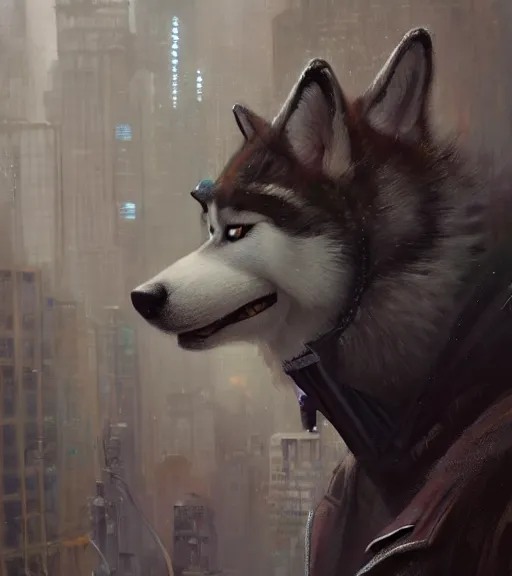 Image similar to new york city portrait of furry anthro anthropomorphic malamute husky head animal person fursona wearing clothes strange cybernetic augmentations cyber muzzle gloomy rainy cyberpunk digital art by Greg Rutkowski, Simon Stalenhag, trending on Artstation, CGSociety