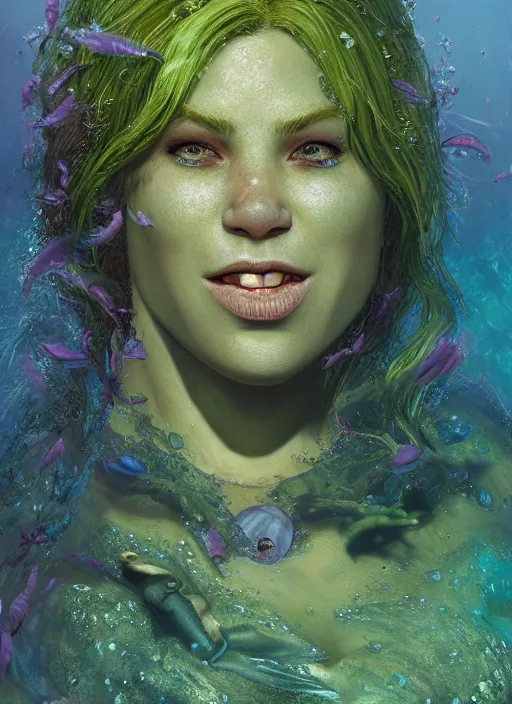 Image similar to underwater portrait of shrek as the mermaid, apocalypse, naturel, hyper detailed, digital art, trending in artstation, cinematic lighting, studio quality, smooth render, unreal engine 5 rendered, octane rendered, art style by klimt and nixeu and ian sprigger and wlop and krenz cushart.