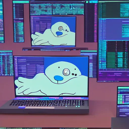 Image similar to a cute blue colored gopher with blue fur programming on multiple monitors displaying many spreadsheets, digital art, 3 d render, octane, post - processing