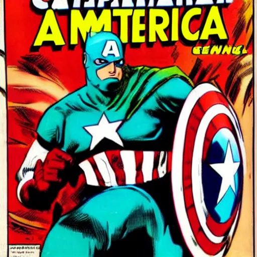 Prompt: Captain America fighting a vilain dressed as a giant pickle, comic book cover, by Stan Lee