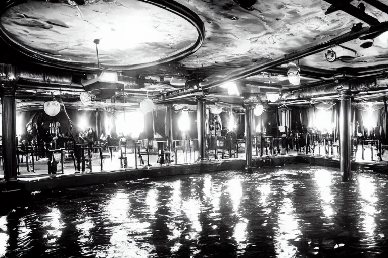 Image similar to steampunk ballroom flooding, filling up with water, black and white photograph