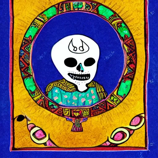 Image similar to skullfaced mexican vaquero kneeling for prayer, calligraphy borders, mosque dome shape, persian folklore illustration