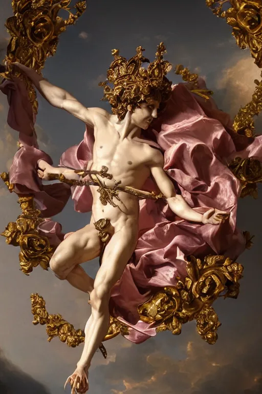 Image similar to a young handsome Spanish prince in a full-body bronze baroque statue of Icarus posed like a bird, crown of peach roses, flowing pink-colored silk, fabric, flowers. baroque elements, human skull. full-length view. baroque element. intricate artwork by caravaggio. many many birds birds on background. Trending on artstation, octane render, cinematic lighting from the right, hyper realism, octane render, 8k, depth of field, 3D