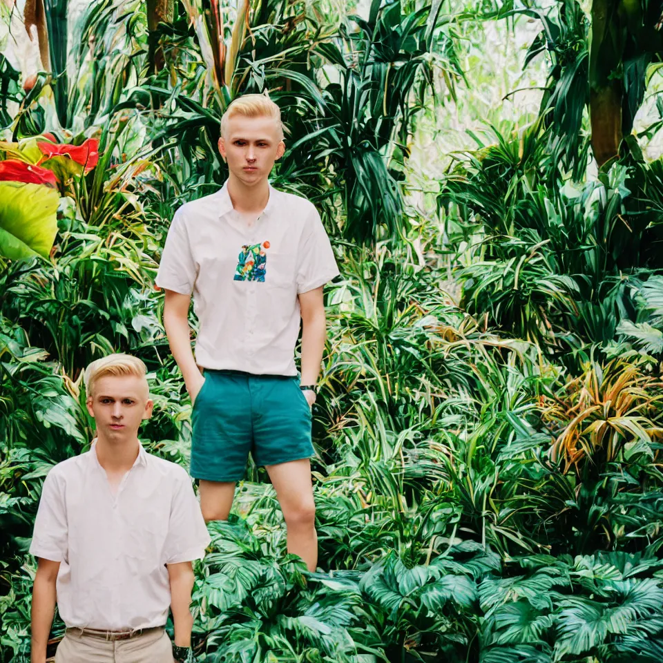 Prompt: portrait of a millenial polish man with short blonde hair, during midday, in a tropical garden, colorful reflections, kodak portra 400, 55 mm, 1.8