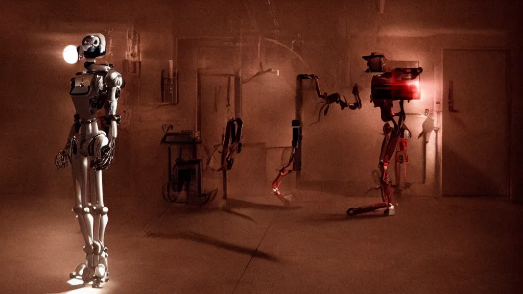 Image similar to horror movie still of robot, movie still, cinematic composition, cinematic light, by edgar wright and david lynch