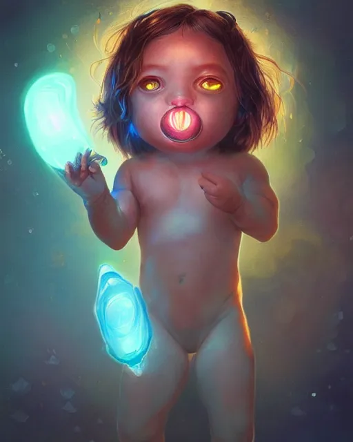 Image similar to one signular portrait of a cute bioluminescent baby creature with big glowing eyes, highly detailed, digital painting, cinematic, hyper realism, dark retrowave, art by Stanley Lau and Artgerm and magali villeneuve and Alphonse Mucha, artstation, octane render, cgsociety