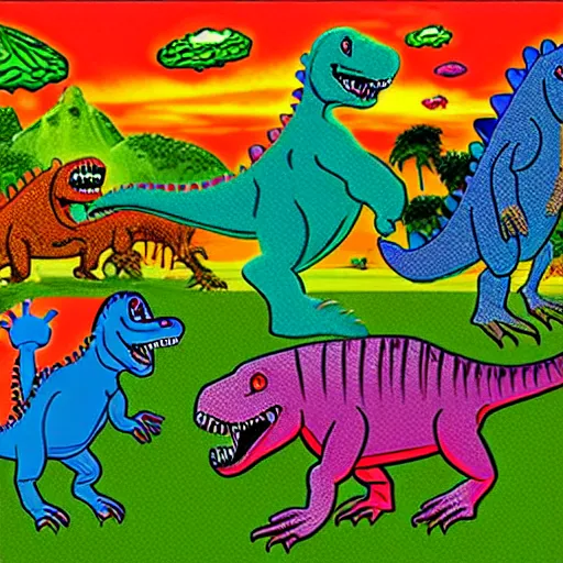 Image similar to dinosaurs on lsd