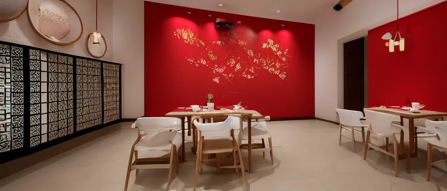 Image similar to a beautiful simple interior render of small roasted string hotpot restaurant restaurant yan'an, wall corner, from china, red paper wall and white tile floor, rectangle white porcelain table, fine simple delicate structure, chinese style, simple composition, simple style structure decoration design, victo ngai, 4 k hd