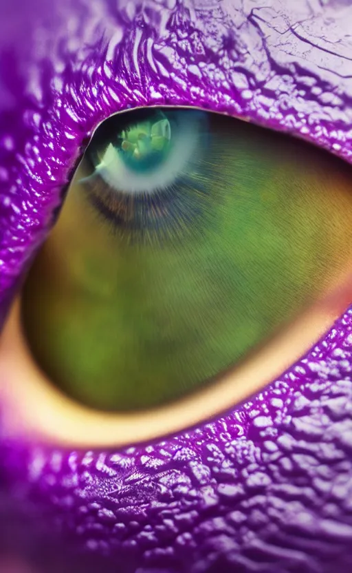 Image similar to macro shot, close-up of a purple squid eye, intricate iris, ultrarealistic, highly detailed, octane render, ray tracing