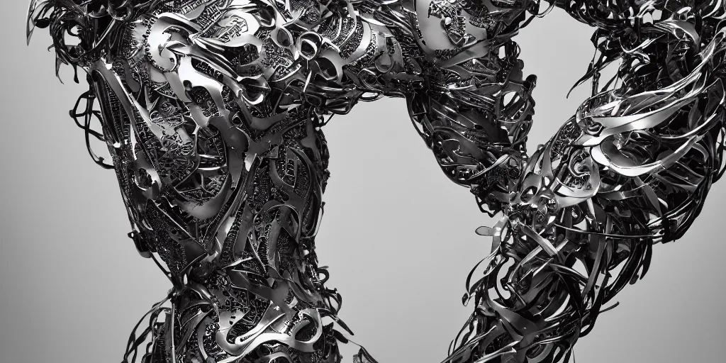 Image similar to hyper realistic photography of a stunningly beautiful cyborg male, plated arm, intimate, chest, holding close, ribbons, in the style of beth cavener, jin kagetsu,, and wlop, highly detailed, intricate filigree, symmetry, masterpiece, award winning, sharp focus, concept art, highkey lighting, ambient lighting, octane render, 8 k, artstation