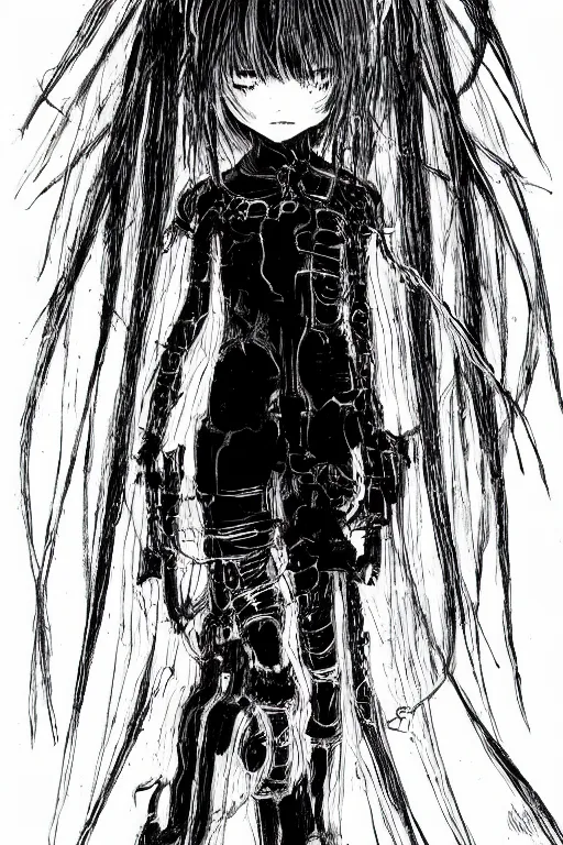 Prompt: a dark little girl by Tsutomu Nihei