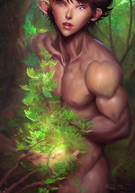 Image similar to A realistic anime portrait of a handsome dryad with glowing green eyes and tree bark skin wearing clothes made of leaves, digital painting, by Stanley Artgerm Lau, Sakimichan, WLOP and Rossdraws, digtial painting, trending on ArtStation, SFW version