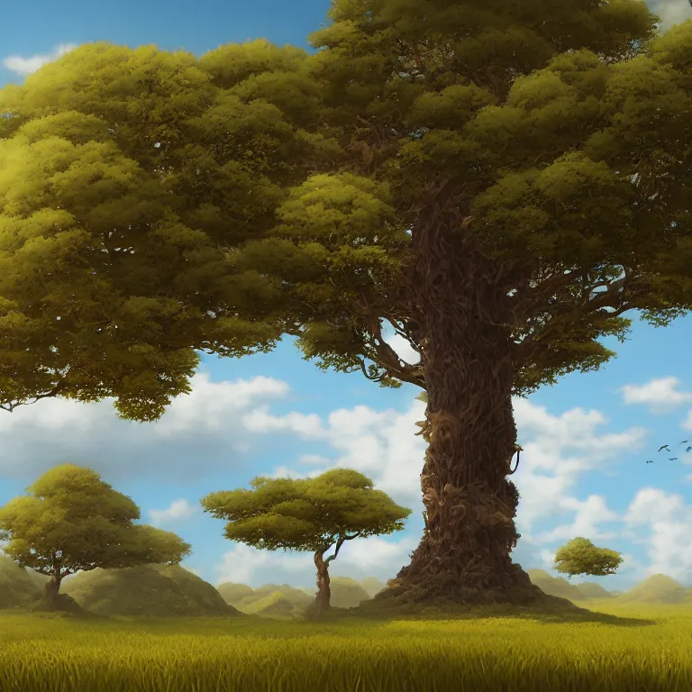 Image similar to a giant tree in a field with a sky background, a detailed matte painting by kaii higashiyama, cgsociety, sosaku - hanga, matte painting, anime, concept art