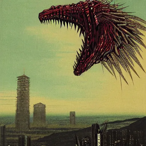 Prompt: A beautiful digital art of a large, monster looming over a cityscape. The monster has several eyes and mouths, and its body is covered in spikes. It seems to be coming towards the viewer, who is looking up at it in fear. Ukiyo e by Odd Nerdrum tranquil