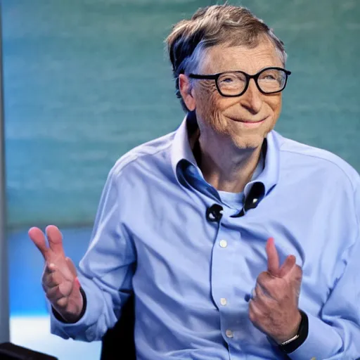 Image similar to Bill Gates, wearing a blue shirt and a white hat, investing in a company, in Shark Tank (2016)