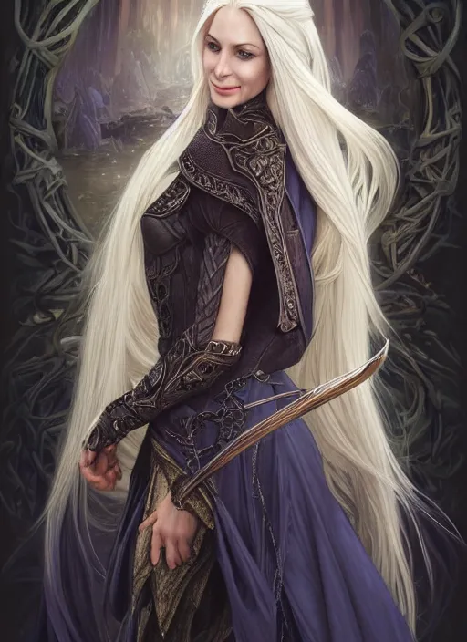 Prompt: portrait of a beautiful female elven mage, looking at camera, D&D, leather dress, long platinum hair, intricate, elegant, stylish, cute smile, fantasy, extremely detailed, digital painting, artstation, concept art, smooth, sharp focus, illustration, ambient lighting, incredible art by artgerm and greg rutkowski and alphonse mucha and simon stalenhag