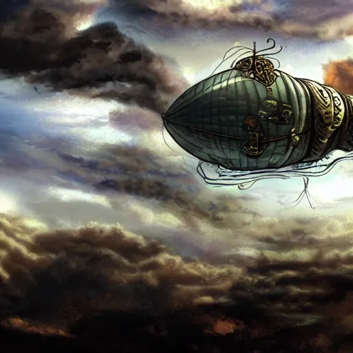 Prompt: A steampunk airship flying through the clouds towards a towards a steampunk city, fantasy anime style
