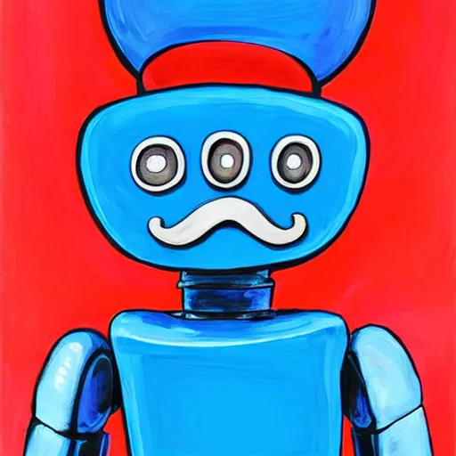 Prompt: Cute blue robot with moustache and red french beret. He is holding a paint brush. photorealism