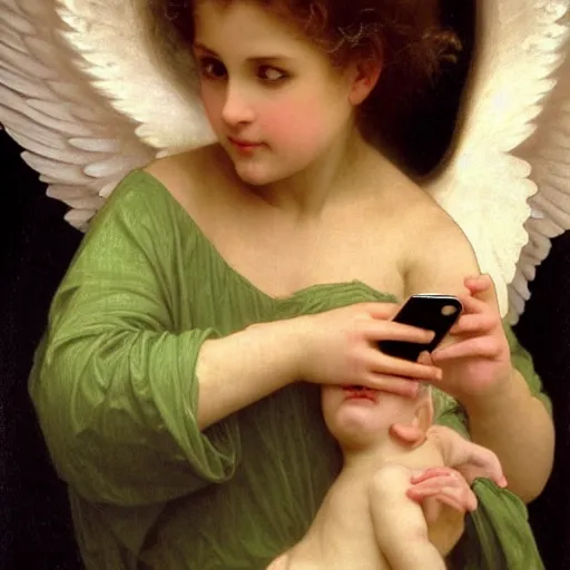 Image similar to a glorious oil painting of an angel talking with an iPhone, by Bouguereau, highly realistic and intricate