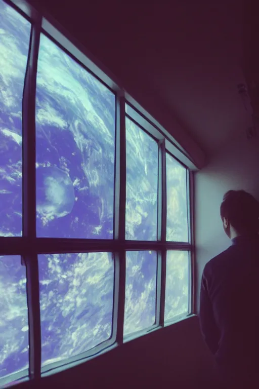 Image similar to agfa vista 4 0 0 photograph of a guy in a spaceship looking out a window at earth, back view, synth vibe, vaporwave colors, lens flare, moody lighting, moody vibe, telephoto, 9 0 s vibe, blurry background, grain, tranquil, calm, faded!,