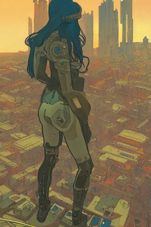 Prompt: comic book illustration, solitary android looking out over a vast city, bleak, vibrant color, cyberpunk concept art by Moebius and Alphonse Mucha, highly detailed, intricate, sci-fi, sharp focus, Trending on Artstation HQ, deviantart