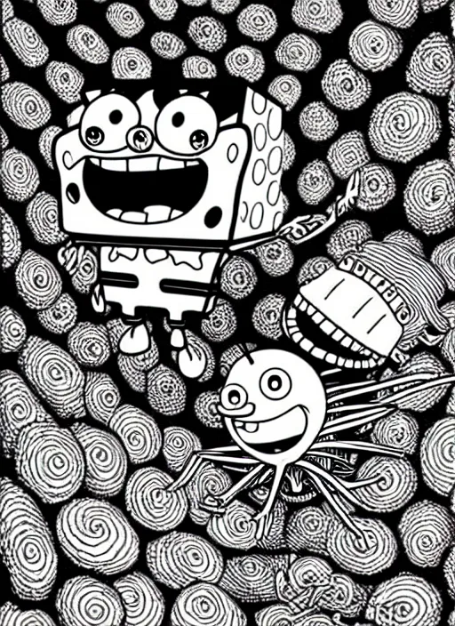 Image similar to junji ito style spongebob squarepants, intricate, highly detailed, illustration, art by junji ito, junji ito