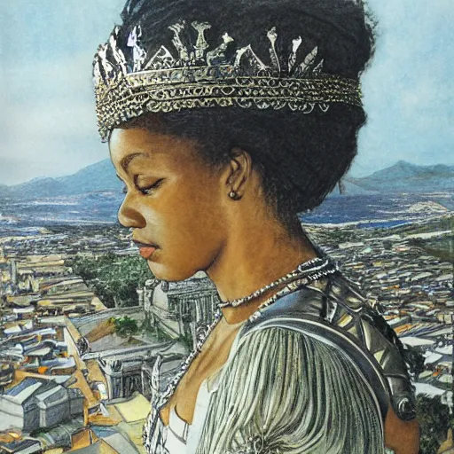 Prompt: a fijian queen looks down on her city from the palace balcony, fantasy art by alan lee