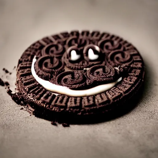 Image similar to an oreo with the imprint of the devils face on the chocolate cookie, photography, cinematic