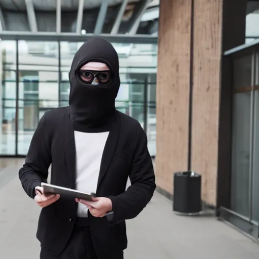 Image similar to a hacker walking into an interview wearing a ski mask.