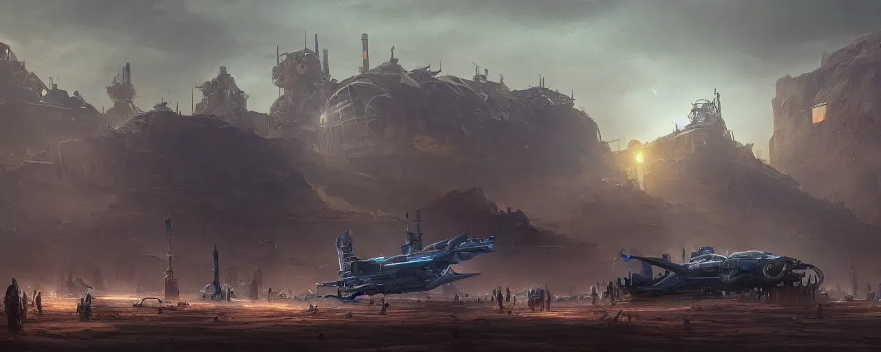 Prompt: Dark blue glowing desert with old steampunk airship as the subject, big and laying in the middle, barely functioning, it has attracted a crowd, very detailed concept art, matte painting, digital art, concept art, realistic beautiful, trending on Artstation, Greg Rutkowski