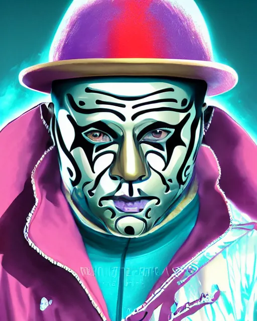 Prompt: Rey Mysterio as Willy Wonka, digital illustration portrait design, detailed, cinematic lighting, dynamic portrait