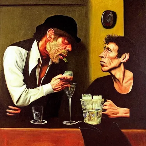 Image similar to Tom Waits and Iggy Pop talking in a pub by Jim Jarmush, oil painting by Caravaggio