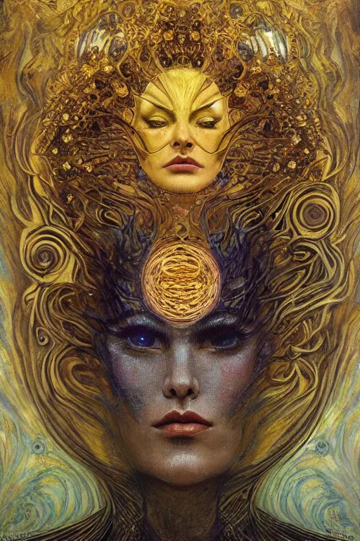 Image similar to Intermittent Chance of Chaos Muse by Karol Bak, Jean Deville, Gustav Klimt, and Vincent Van Gogh, enigma, destiny, fate, unearthly gears, otherworldly, fractal structures, arcane, prophecy, ornate gilded medieval icon, third eye, spirals