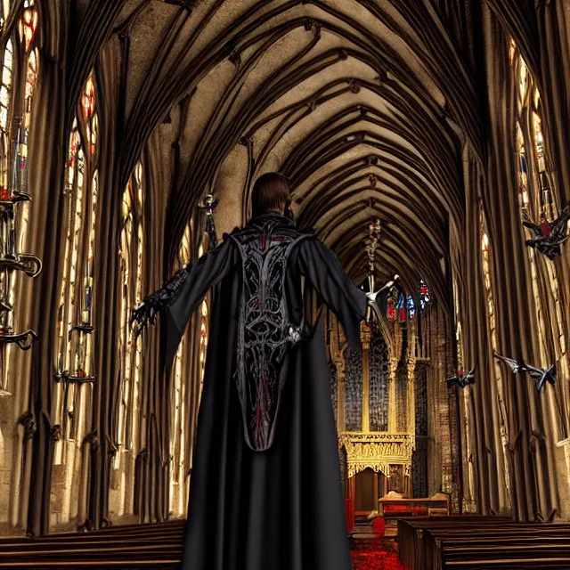 Image similar to a vampire warrior in a gothic church, highly detailed, 4 k, hdr, smooth, sharp focus, high resolution, award - winning photo, illustrated by anne stokes, photorealistic