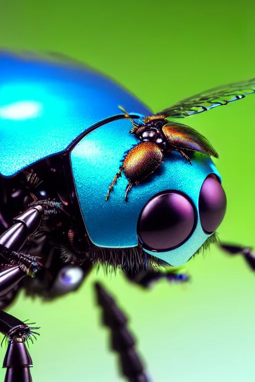 Image similar to high quality macro robot warrior metallic tachinid fly! gorgeous highly detailed hannah yata elson peter cinematic turquoise lighting high quality low angle hd 8k sharp shallow depth of field