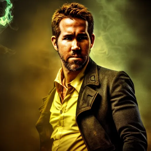 Image similar to a portrait of a Ryan Reynold as a John constantine, DC, yellow aura, magic, fantasy, HDR, natural light, shoulder level shot, dynamic pose, demons, award winning photograph, Mucha style 4k,