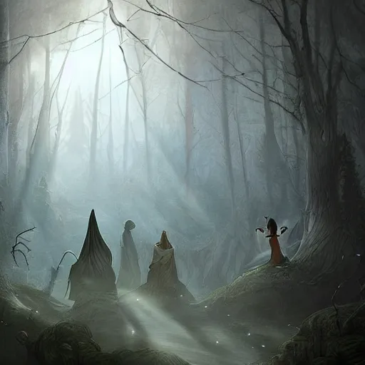 Image similar to an indoor room intersecting with a forest, whimsical fantasy landscape art, sharp focus. trending on artstation. ghostly characters. beautiful lighting