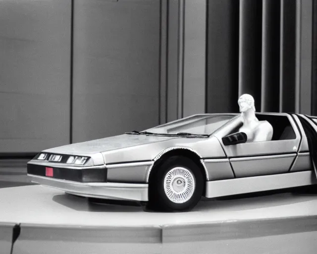 Image similar to marble statue of delorean in louvre, circa 1 9 8 4