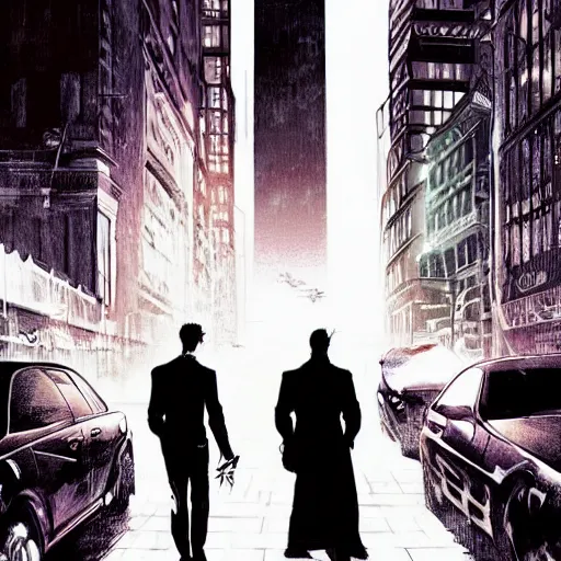 Image similar to Thomas Jane, an illustration of Bruce Wayne and Clark Kent in the streets of Gotham City, art by Ilya Kuvshinov, highly detailed, night, moonlight, comics, epic landscape, HD digital art, artstation