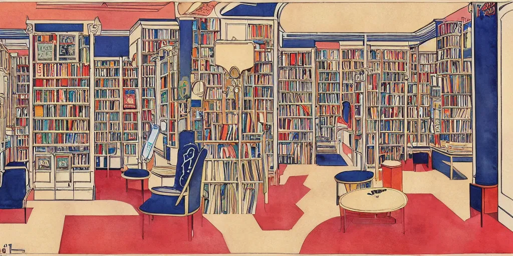 Image similar to cozy bookstore warm colors simple geometric watercolor painting george barbier