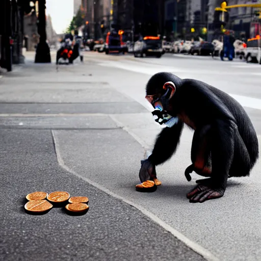 Prompt: a 5 0 mm photo of a chimpanzee picking up pennies on a street in manhattan, hyperrealistic