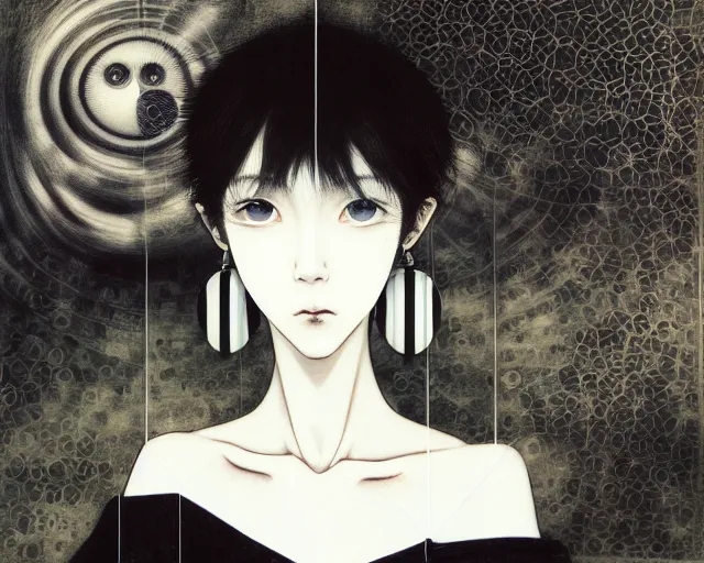 Prompt: yoshitaka amano blurred and dreamy realistic three quarter angle portrait of a sinister young woman with short hair, big earrings and eyes with white iris wearing office suit with tie, black and white junji ito abstract patterns in the background, satoshi kon anime, noisy film grain effect, highly detailed, renaissance oil painting, weird portrait angle, blurred lost edges