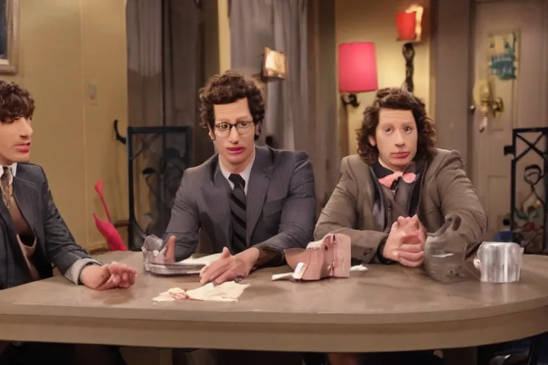 Image similar to a cinematic still SNL skit ((andy samberg)), dear sister