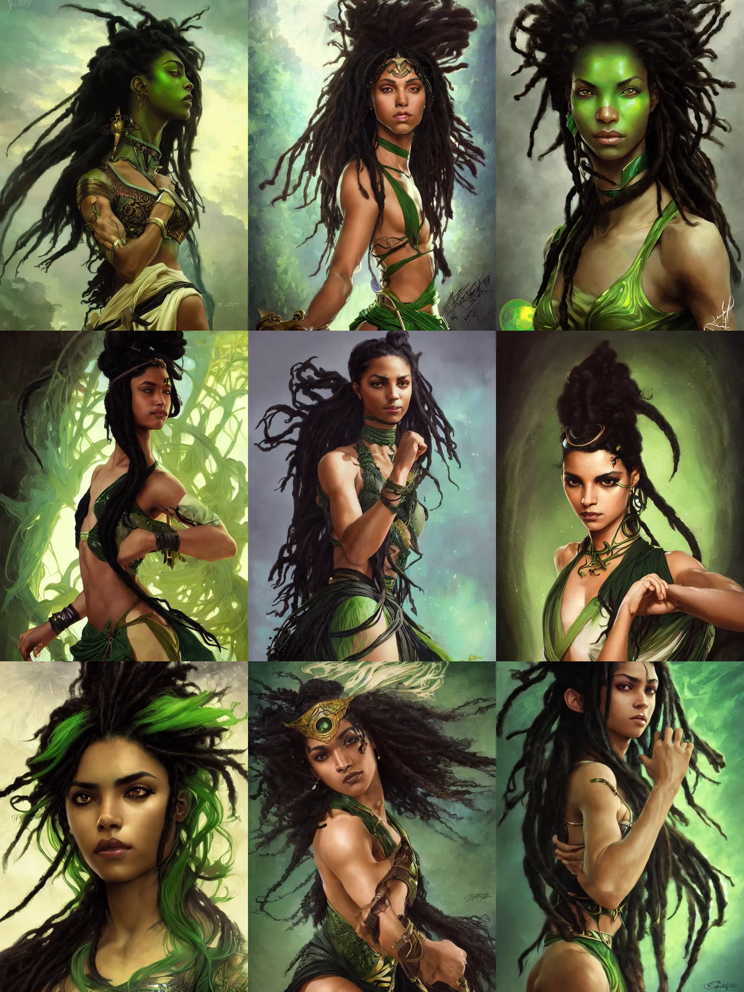 Prompt: portrait of combat dancer, female, black skin, green eyes, dreadlock black hair, bolero, high fantasy, arabian nights inspired, smooth, sharp focus, digital painting, by artgerm and greg rutkowski and alphonse mucha